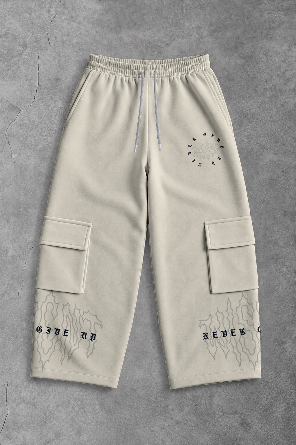 Heavy - Calça Cargo Wide Leg Moletom - Never Give Up Off White