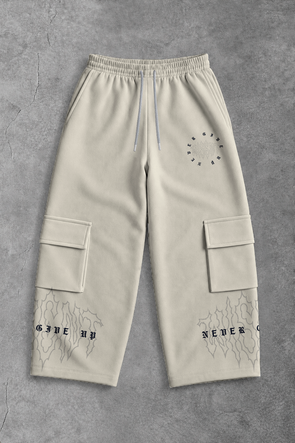 Heavy - Calça Cargo Wide Leg Moletom - Never Give Up Off White