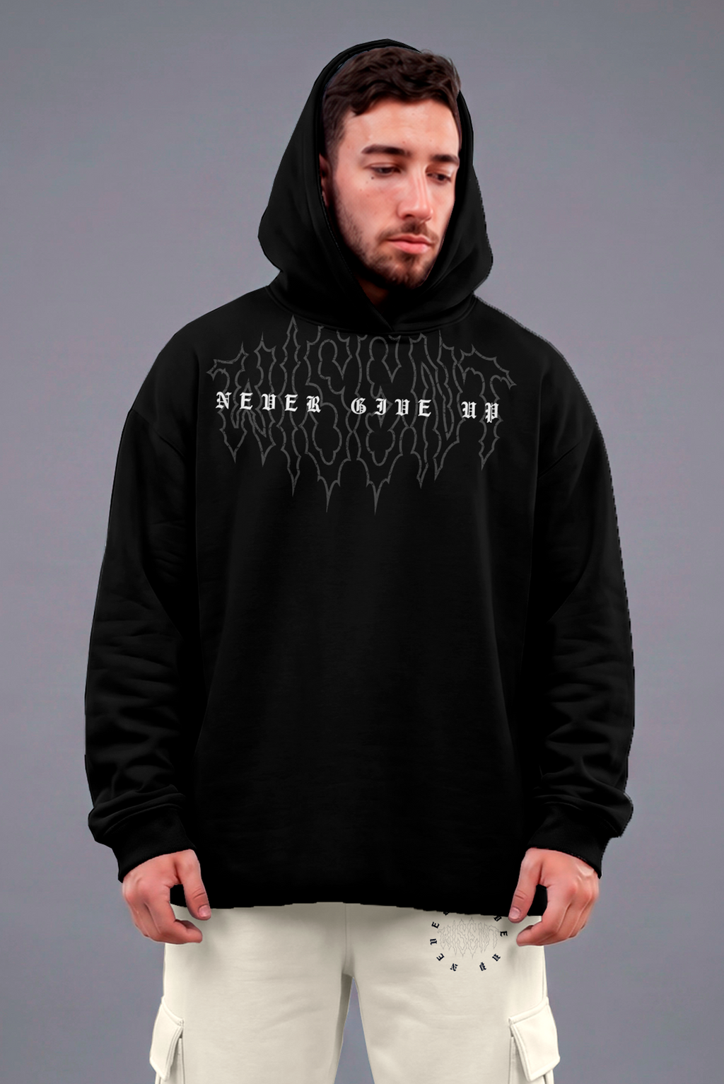 Heavy - Moletom Box Raw Hem - Never Give Up Preto