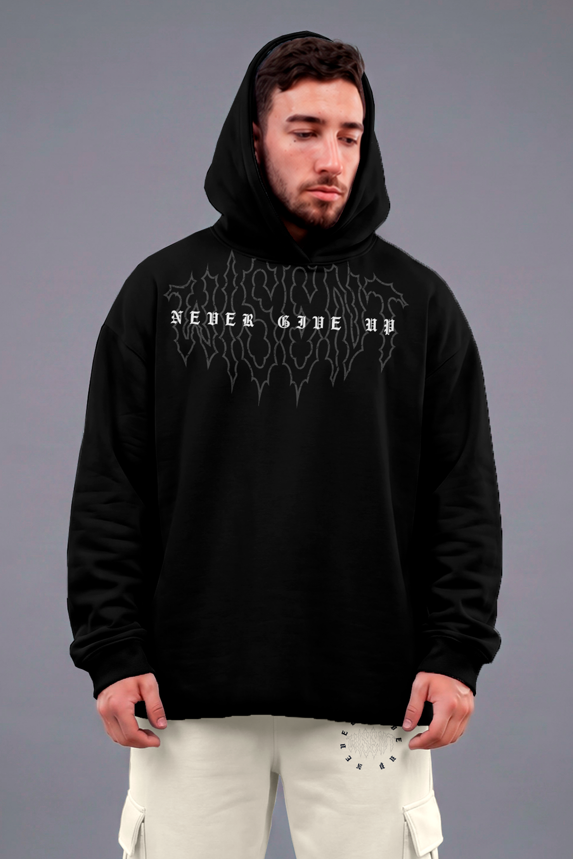 Heavy - Moletom Box Raw Hem - Never Give Up Preto