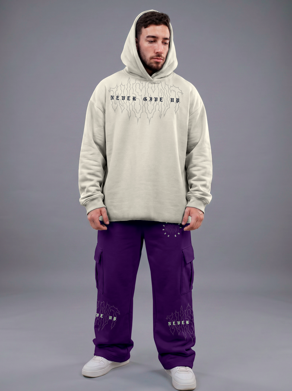 Heavy - Moletom Box Raw Hem - Never Give Up Off White