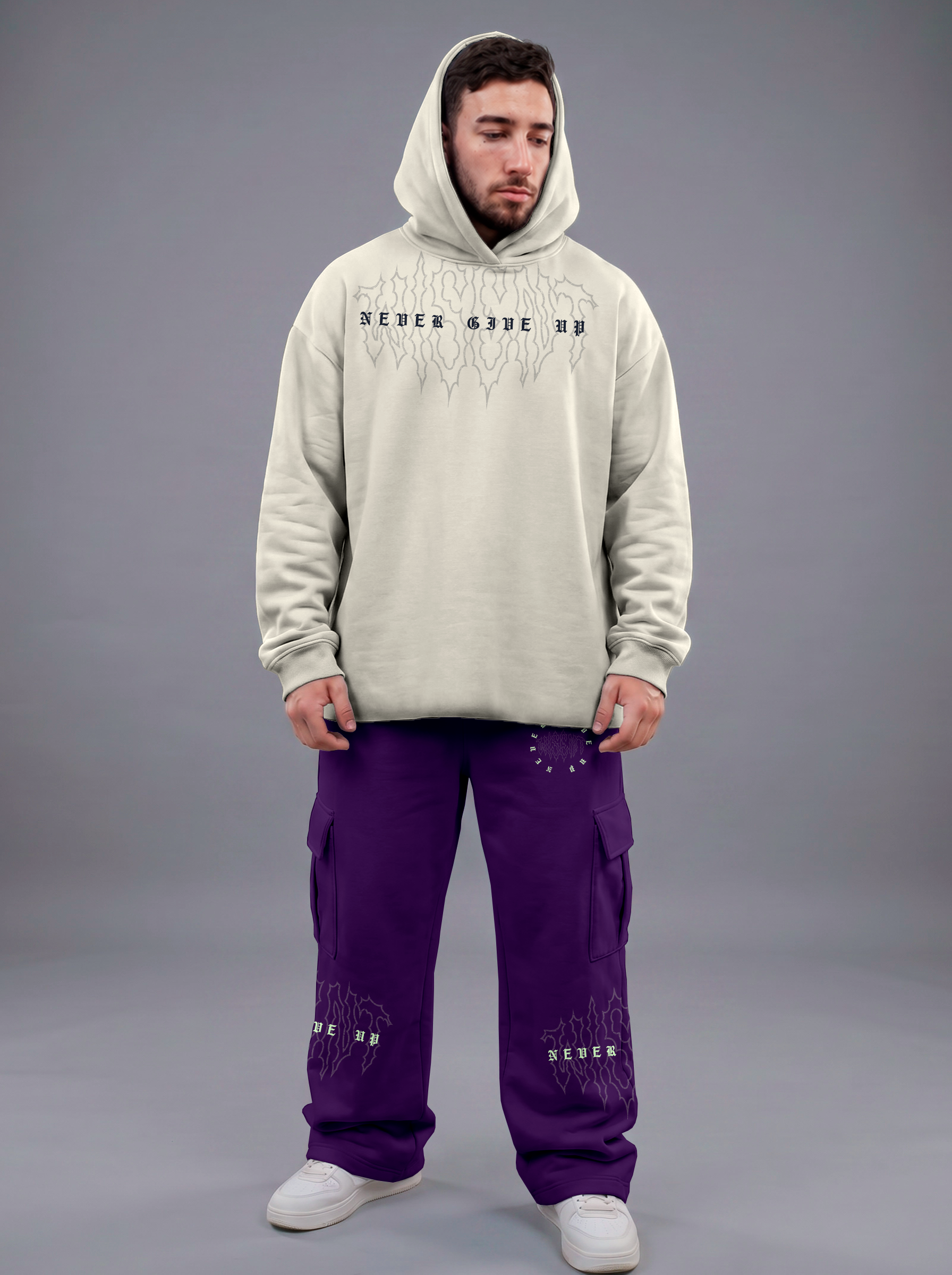 Heavy - Moletom Box Raw Hem - Never Give Up Off White