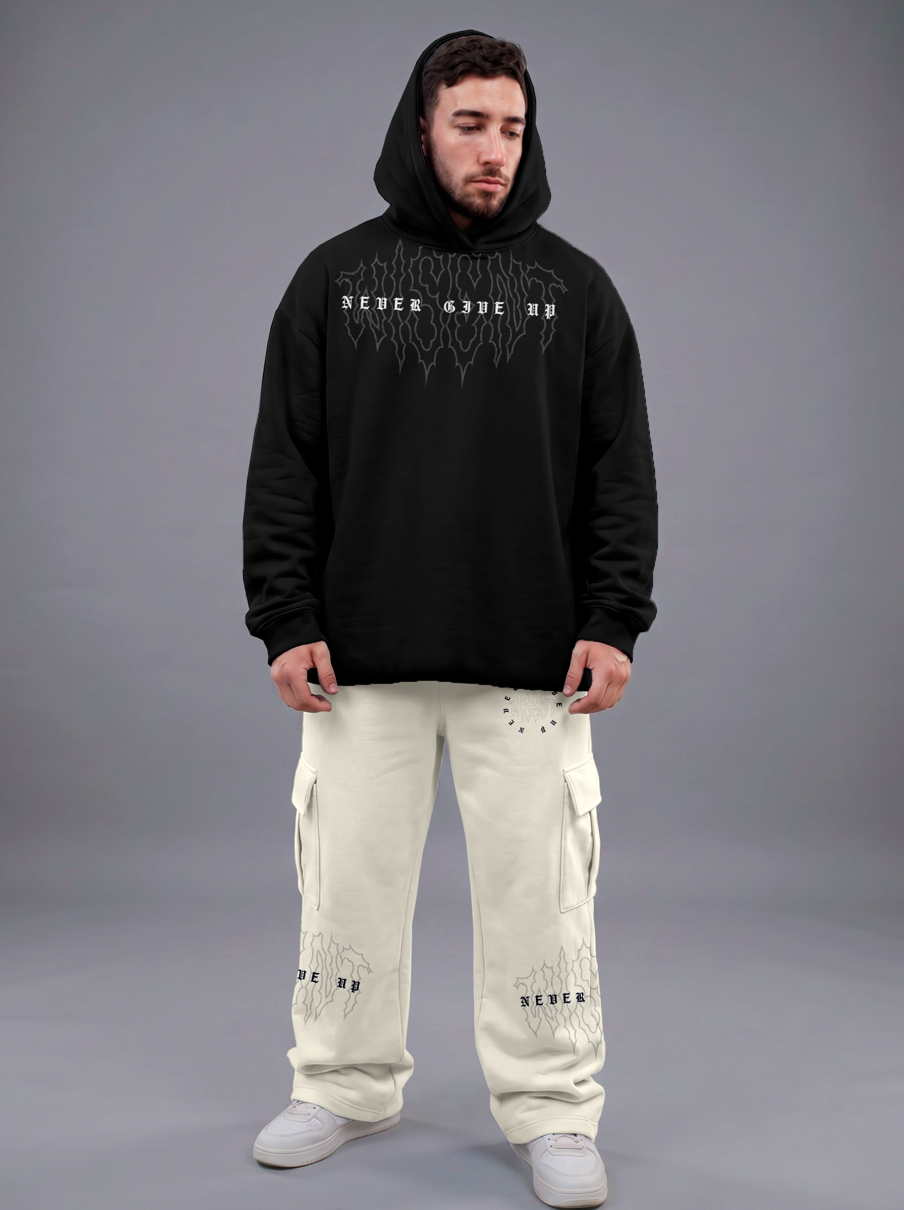Heavy - Moletom Box Raw Hem - Never Give Up Preto