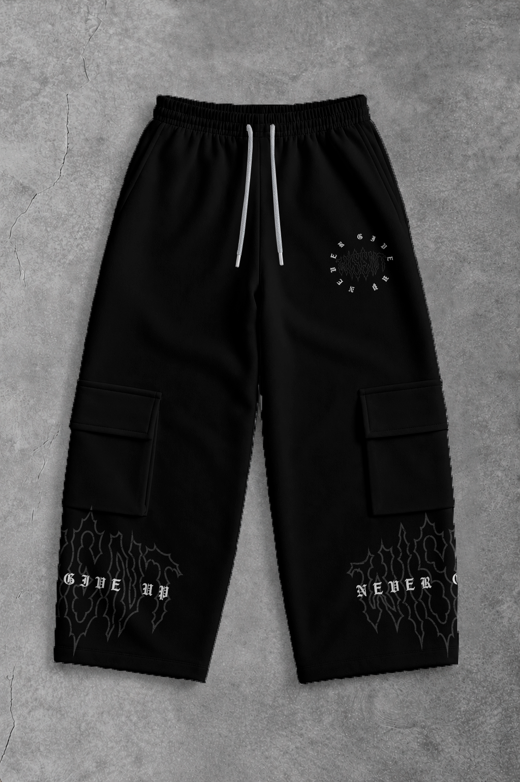 Heavy - Calça Cargo Wide Leg Moletom - Never Give Up Preta