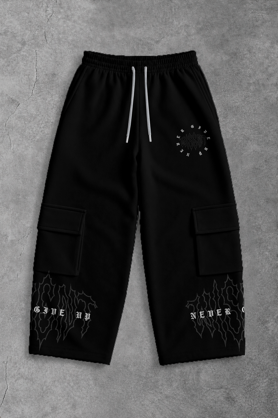 Heavy - Calça Cargo Wide Leg Moletom - Never Give Up Preta