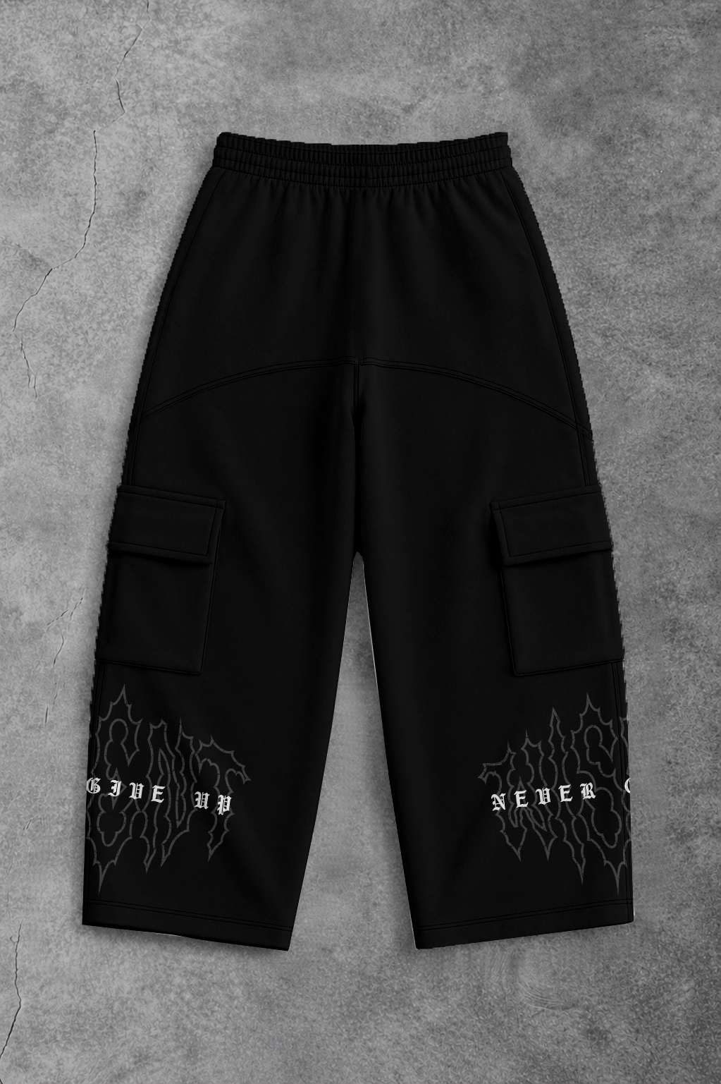 Heavy - Calça Cargo Wide Leg Moletom - Never Give Up Preta